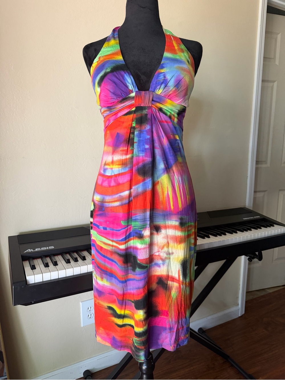 Y2K cache colorful halter dress size 10 tropical club colorful